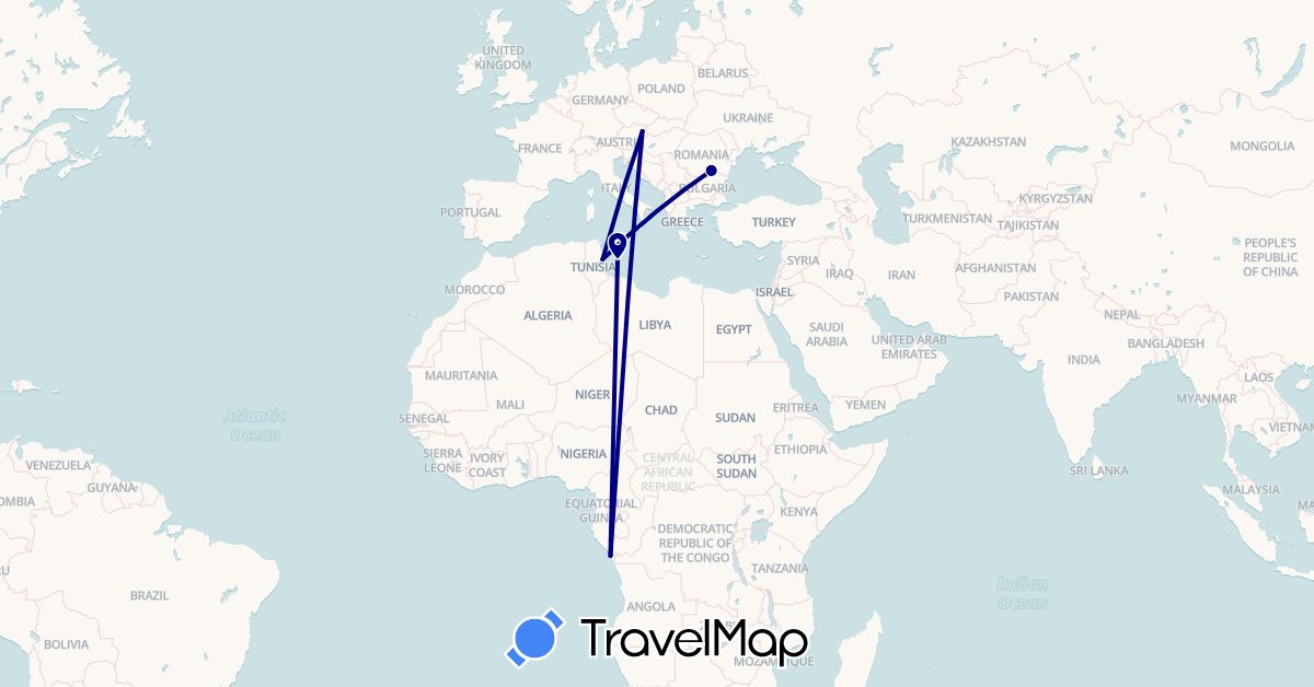 TravelMap itinerary: driving in Austria, Republic of the Congo, Romania, Tunisia (Africa, Europe)